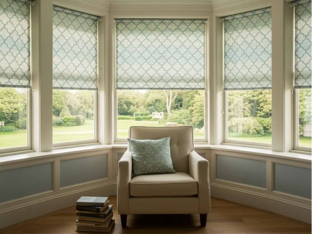 Roller Shades for Bow Windows: Consistent Lines Across Multiple Panels